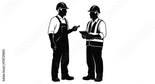 Construction workers planning project on site with safety gear design