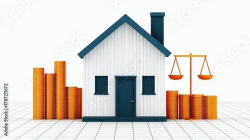 White house illustration stands between rising coin stacks and an orange balance scale