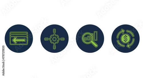 Financial technology icons visualize money management and data analysis