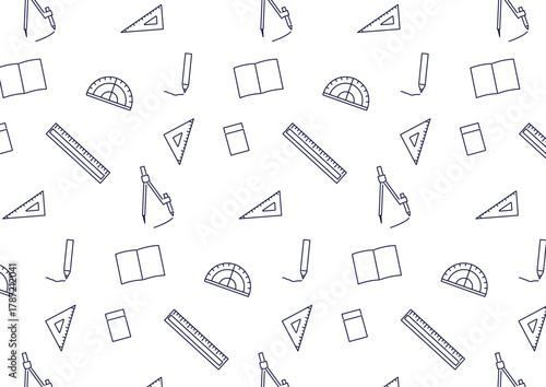 算数文具のかわいいシームレス背景_モノクロ線画