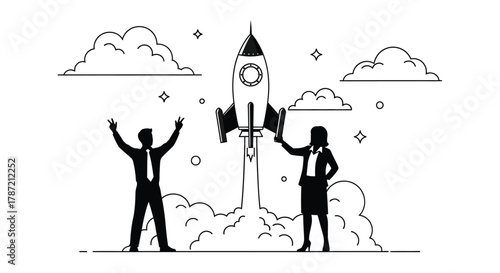 Excited team launches startup rocket to business success and innovation