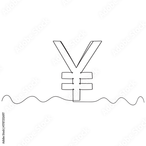 continuous line drawing Isolated yen or yuan symbol on white background. Yuan line art yen symbol. Editable lines vector illustration.