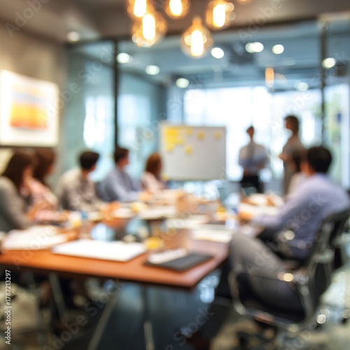 Blur office meeting blurred background with business people working group in boardroom discussion for teamwork brainstorming, executive seminar or professional training in small startup enterprise