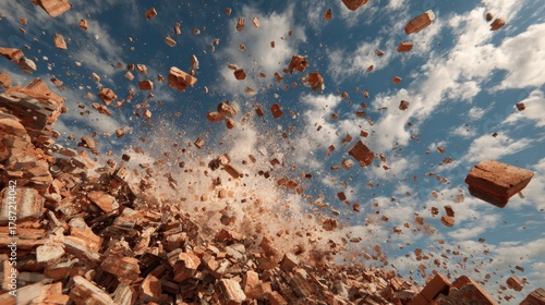 explosion of brick fragments in the air against a cloudy sky symbolizing destruction demolition or the power of impact