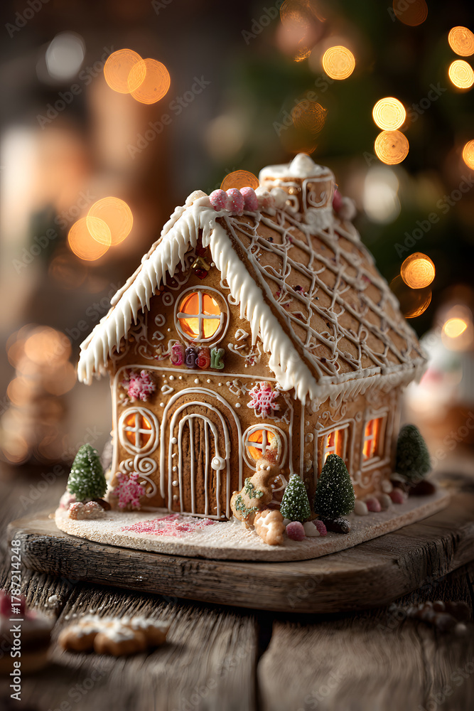 Fototapeta premium Festive gingerbread house on wooden table on blurred Christmas tree with lights background.