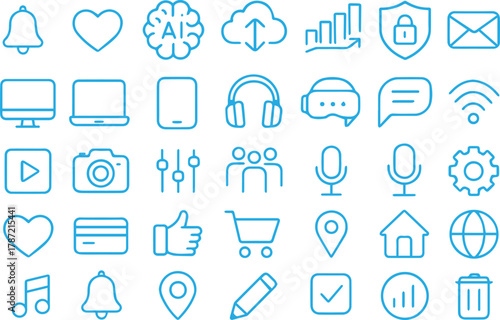 Digital Technology and Communication Line Icons Set | Flat Interface Symbols Collection