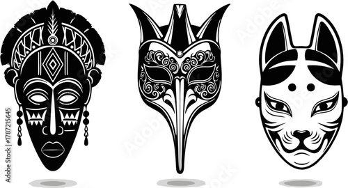Tribal and animal-inspired masks with intricate designs, representing cultural heritage and artistic expression