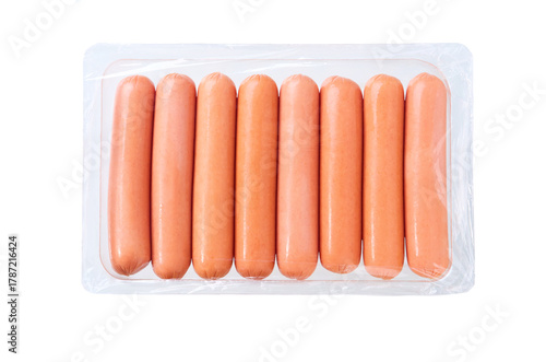 Package of boiled sausages isolated on white background, top view.
Plastic tray of boiled sausages isolated on white background.