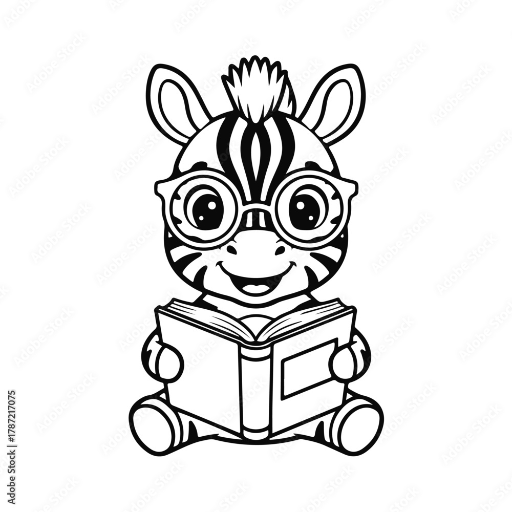 Fototapeta premium Cartoon zebra in glasses sitting and reading a book, funny animal character with cute expression, cartoon zebra, reading animal, zebra book, funny character, animal study