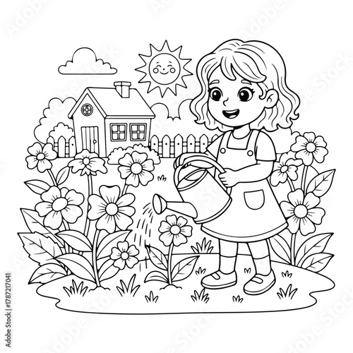 A sweet girl waters flowers from a watering can in her garden under a smiling sun. Black and white children's outline drawing