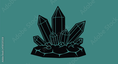Abstract cluster of dark, geometric crystals on a textured surface against a teal background.