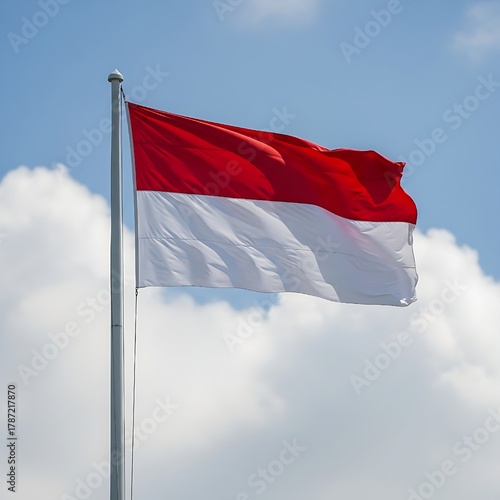 The official red and white bicolor flag, strongly fluttering in the wind under a bright sky with soft clouds