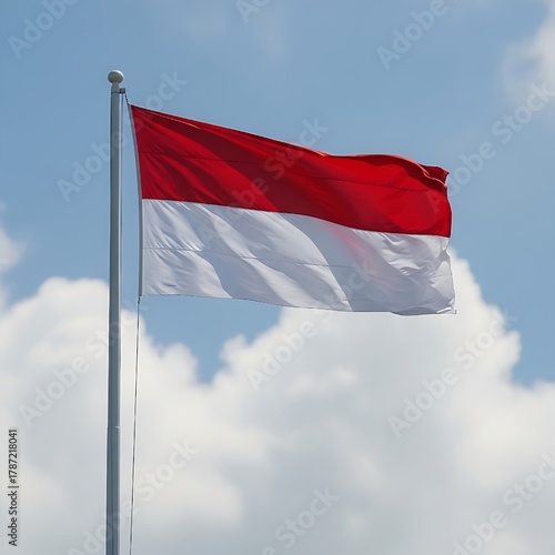 The simple, yet powerful, national flag of Indonesia, displaying the red and white stripes against an airy, bright blue sky