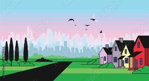 Cartoon cityscape houses trees birds moon vector illustration art
