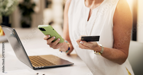 Obraz na plátně Hands, phone and laptop with credit card in home for online shopping or remote banking app