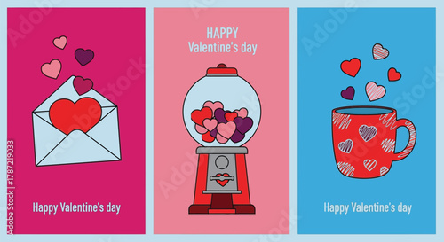 Valentine's day cards love hearts envelope mug gumball machine art