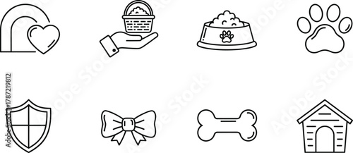 Pet care icon set, food bowl paw bone shelter symbols, animal protection sketch art, cad drawing flat vector illustration