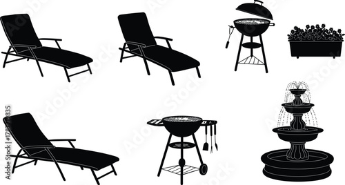 Outdoor furniture, garden items, lounge chairs, charcoal grill, flower planter, water fountain, black silhouette, vector set, cad drawing, flat illustration