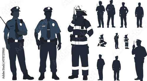 Police and firefighter icons, emergency personnel silhouette, public safety vector, uniformed responders, black illustration, rescue team, minimal flat design
