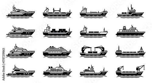 Boats ships yachts cargo vessels vector icons set transportation