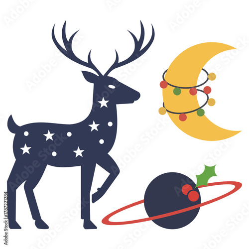 Reindeer Silhouette and Space Planet with Lights, A Cosmic Fantasy Element Christmas