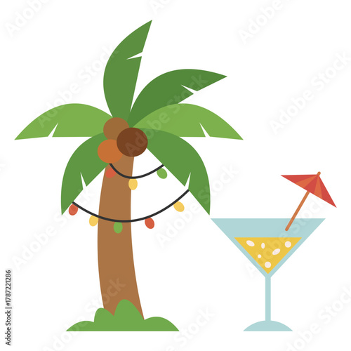 Palm Tree and Cocktail, A Tropical Holiday Element Christmas Vector Illustration