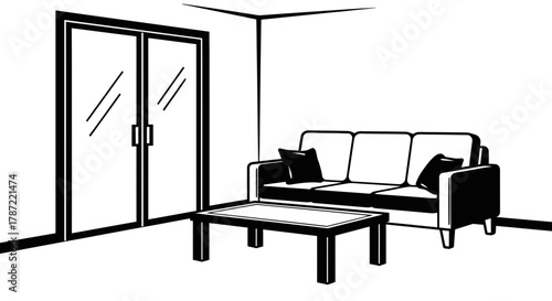 Living room interior design sofa table doors minimalist illustration