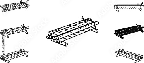 raft, log raft, wooden raft, rope tied logs, floating platform, survival raft, vector illustration, top view, isometric raft, cad drawing flat vector illustration