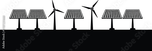 Renewable energy icons, solar panel vector, wind turbine silhouette, clean power design, eco-friendly illustration, sustainable energy, minimal black drawing