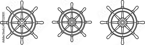 Ship steering wheel icon set, nautical helm line drawing, maritime navigation symbol art, cad drawing flat vector illustration