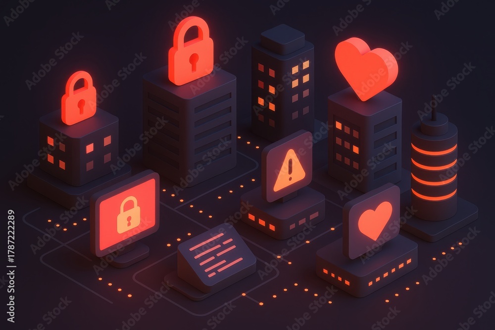 Cybersecurity & Modern City: A stylized digital artwork, representing the interconnectedness of a modern city through the lens of data security, featuring thematic icons like padlocks and hearts. 