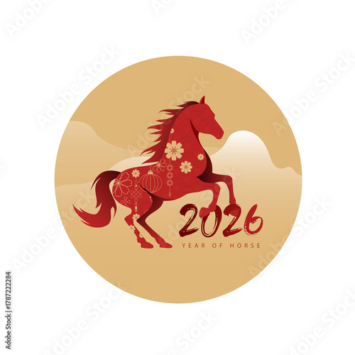 Chinese New Year 2026 celebration with golden horse zodiac, red festive background, lanterns, traditional patterns, clouds, and lucky decorations for Lunar New Year design.