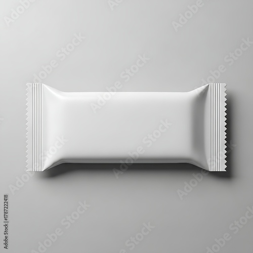High-quality 3D rendered image of a sealed candy or granola bar wrapper, showing crimped sides and a smooth surface