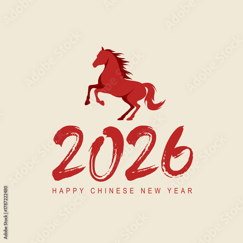 Chinese New Year 2026 celebration with golden horse zodiac, red festive background, lanterns, traditional patterns, clouds, and lucky decorations for Lunar New Year design.