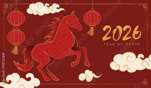 Chinese New Year 2026 celebration with golden horse zodiac, red festive background, lanterns, traditional patterns, clouds, and lucky decorations for Lunar New Year design.