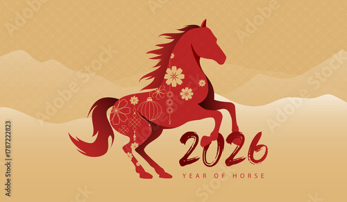 Chinese New Year 2026 celebration with golden horse zodiac, red festive background, lanterns, traditional patterns, clouds, and lucky decorations for Lunar New Year design.