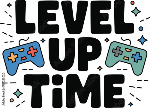 Level Up Time: Gaming Controllers and Stars Graphic for Gamers