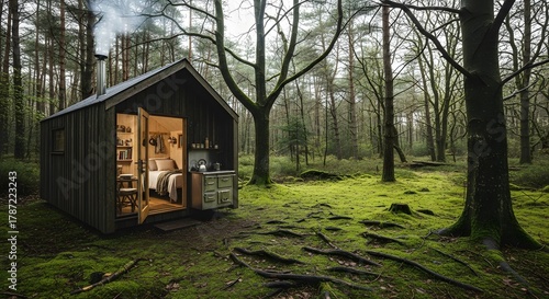 Tiny cabin nestled in green forest with open door glowing — Digital detox wilderness retreat for intimate shelter and woodland peace Stock royalty free