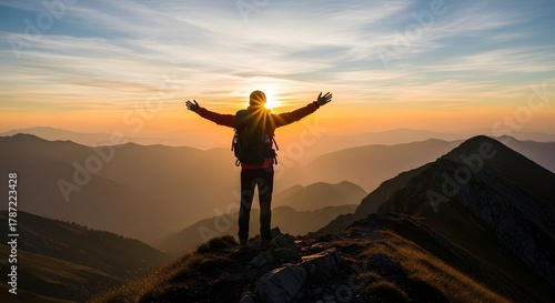 Person raises arms triumphantly on mountain peak at sunset — Digital detox wilderness retreat for victorious presence and expansive views Stock royalty free