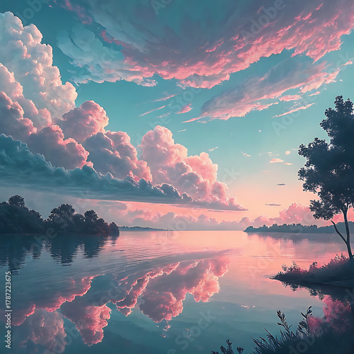 Wallpaper Mural Soft Pastel Pink and Blue Sky with Glitch Clouds Reflected on Water, Ai Generated Torontodigital.ca