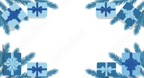 Blue holiday gift boxes with pine branches on white background  