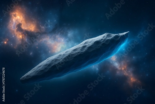 A long asteroid floats in space surrounded by blue and orange nebulae and distant stars 3i/atlas interstellar comet, asteroid in space
