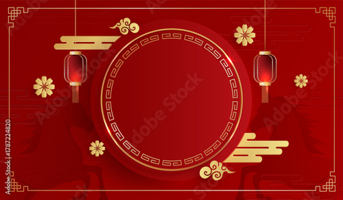 Happy Chinese new year. Chinese new year banner for show product. greeting card. china frame with lantern on red background. vector design.