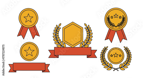Vector illustration of gold awards medals and ribbons for achievements