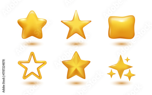 3D yellow stars different shapes on white background. stars glossy colors. realistic 3d design cartoon style for christmas with decorative holiday elements. vector design.