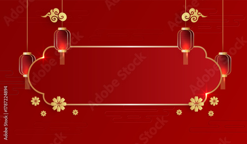 Happy Chinese new year. Chinese new year banner for show product. greeting card. china frame with lantern on red background. vector design.