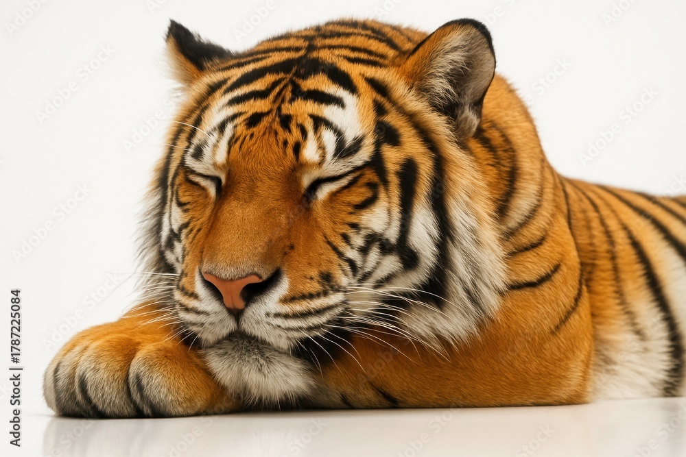 Obraz premium Resting tiger extreme close up of the head resting on a forepaw with eyes gently closed on white