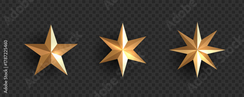 3D gold stars different shapes on white background. stars glossy colors. realistic 3d design cartoon style for christmas with decorative holiday elements. vector design.