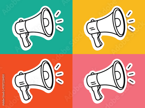A vibrant pop art illustration featuring a megaphone icon repeated on a colorful fourpanel background