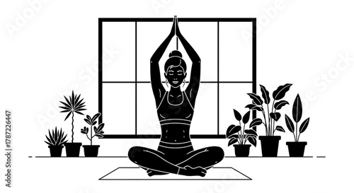 Woman meditating yoga pose indoor plants window black and white art